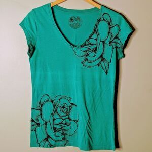Vintage Stranded Fitted Floral Teal Green Cotton Graphic T-shirt Size M